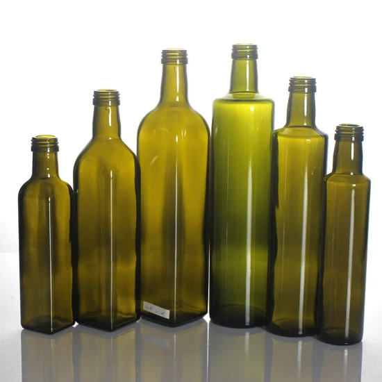 Bottiglia di vetro quadrata da 100 ml, 250 ml, 500 ml, 750 ml, 1000 ml, bottiglia di olio d'oliva, bottiglia di quantità di olio e aceto verde scuro con beccucci